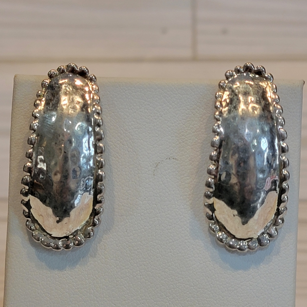Vintage Oversized Hammered Silver Tone Sculptural Statement Pierced Earrings